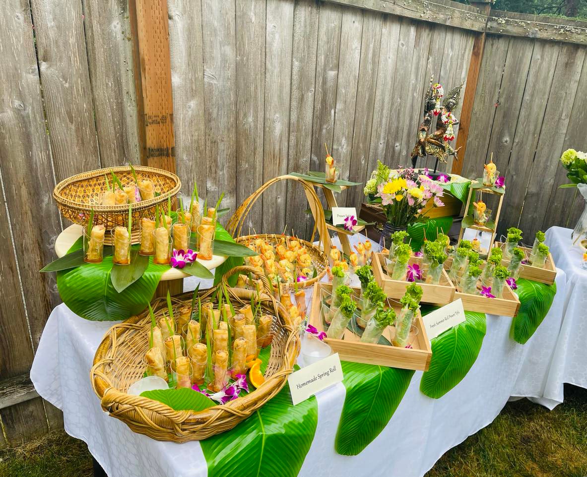 Thai catering food tray with assorted dishes