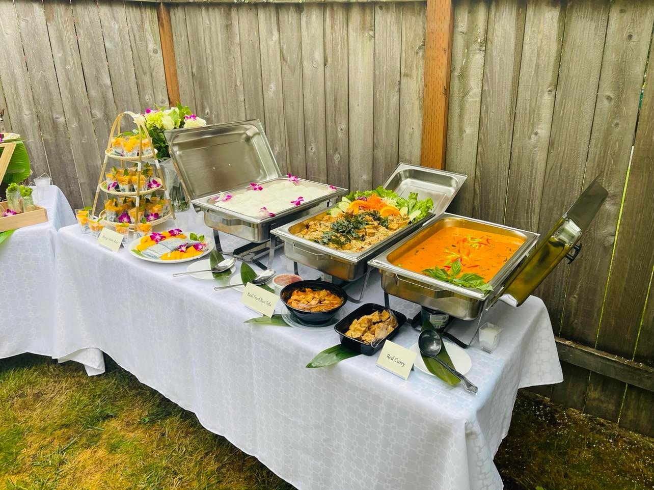 Outdoor red curry, basil fried rice tofu and jasmine rice chafing dish buffet