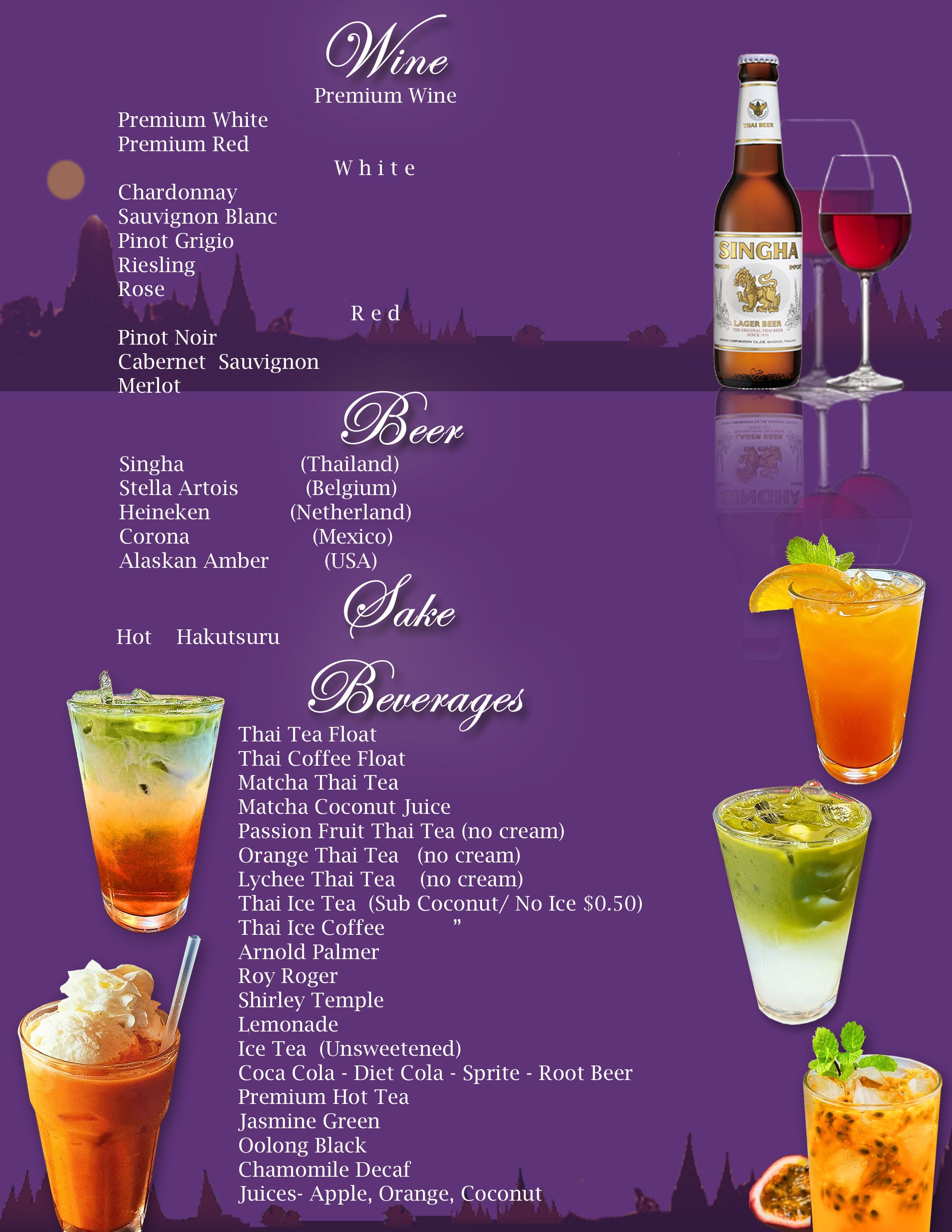 Beverage menu wine beer cocktails